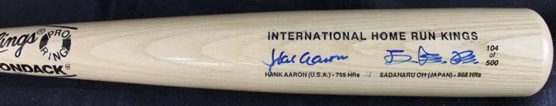 Hank Aaron & Sadaharu Oh International Home Run Kings Signed Rawlings Adirondack Baseball Bat 104/500 (PSA/DNA)