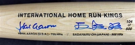 Hank Aaron & Sadaharu Oh International Home Run Kings Signed Rawlings Adirondack Baseball Bat 104/500 (PSA/DNA)