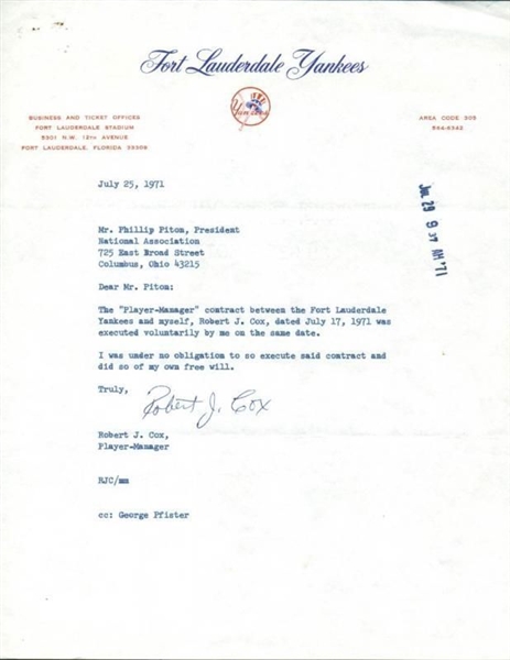 Bobby Cox Rare Signed 1971 Document as Manager/Player of Ft. Lauderdale Yankees (PSA/DNA)