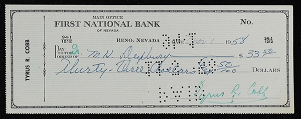 Ty Cobb Signed 1958 Bank Check w/ Full Autograph! (PSA/JSA Guaranteed)