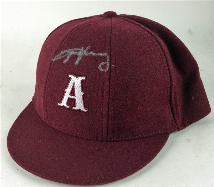 AC/DC: Angus Young Signed Red Personal Style Schoolboy Cap (PSA/JSA Guaranteed)