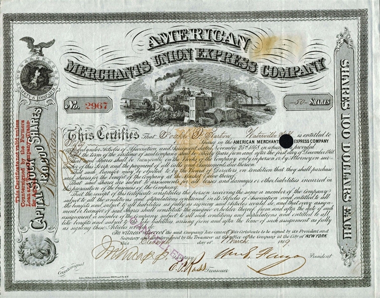 William Fargo Rare Signed 1868 Stock Certificate (PSA/DNA)