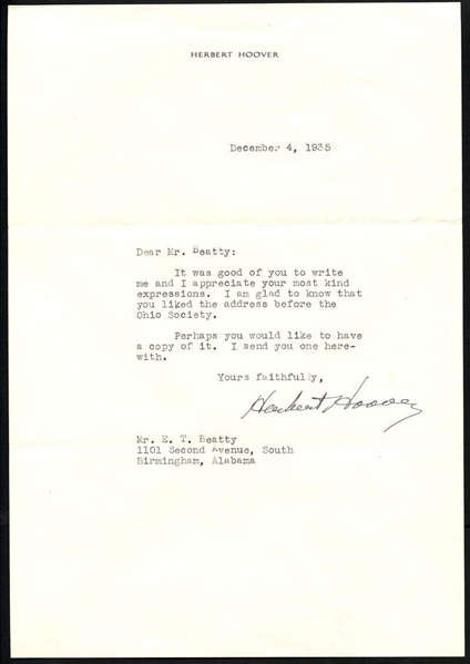 President Herbert Hoover 1935 Typed Signed Letter (JSA)