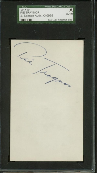 Pie Traynor Signed 3" x 5" Index Card (JSA Encapsulated)