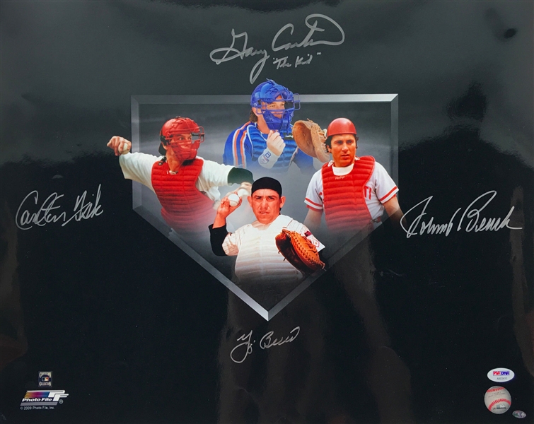 Catching Legends Multi-Signed 16" x 20" Photograph w/ Berra, Bench, Carter & Fisk! (PSA/DNA)