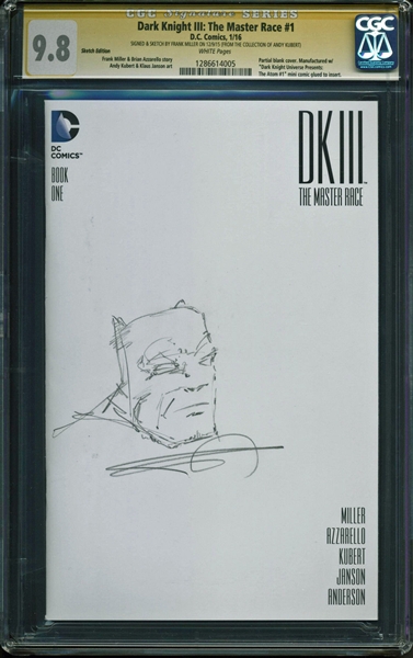 Batman: Frank Miller Signed "Dark Knight III: The Master Race" White Pages Edition Comic Book w/ Hand-Drawn Batman Sketch! (CGC 9.8)