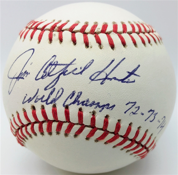 Jim Catfish Hunter Near-Mint Signed OAL Baseball w/ Rare World Series Inscription! (PSA/DNA)