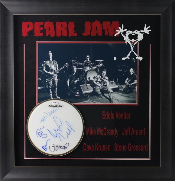 Pearl Jam: Group Signed Drumhead in Custom Framed Display (PSA/DNA)