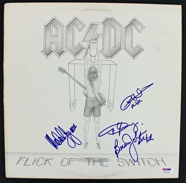 AC/DC (4) Angus Young, Malcolm, Johnson & Williams Signed "Flick Of The Switch" Album Cover (PSA/DNA)