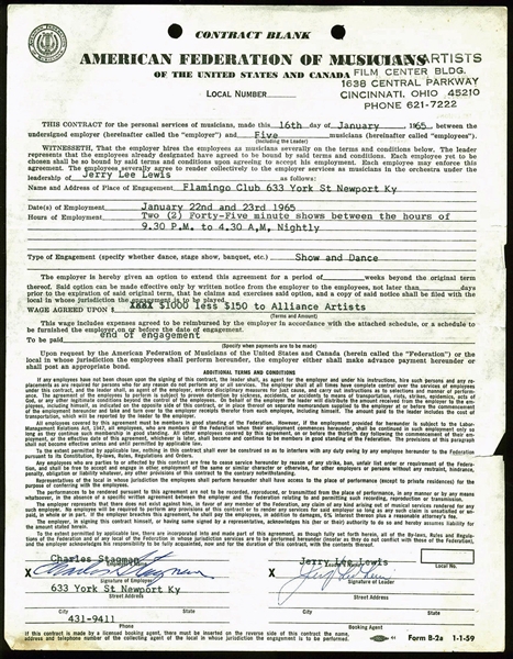 Jerry Lee Lewis Signed 1965 American Federation of Musicians Performance Contract (PSA/DNA)