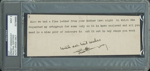 Ernest Hemingway Signed 2.5" x 7" Cut (PSA/DNA Graded MINT 9)