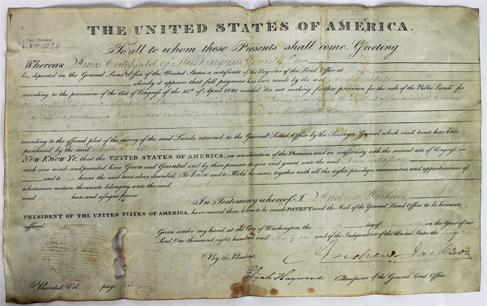 President Andrew Jackson Signed 1830 Land Grant (PSA/DNA)