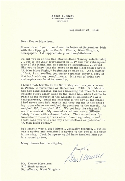 Gene Tunney Signed 1962 Personal Letter w/ Jack Dempsey Fight Content! (JSA)