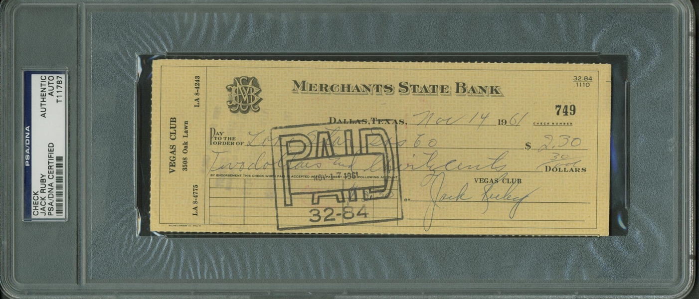 Jack Ruby RARE Signed & Hand Written 1961 Check (PSA/DNA Encapsulated)
