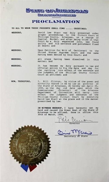 Bill Clinton Rare Signed Execution Proclamation as Gov. of Arkansas (PSA/DNA)
