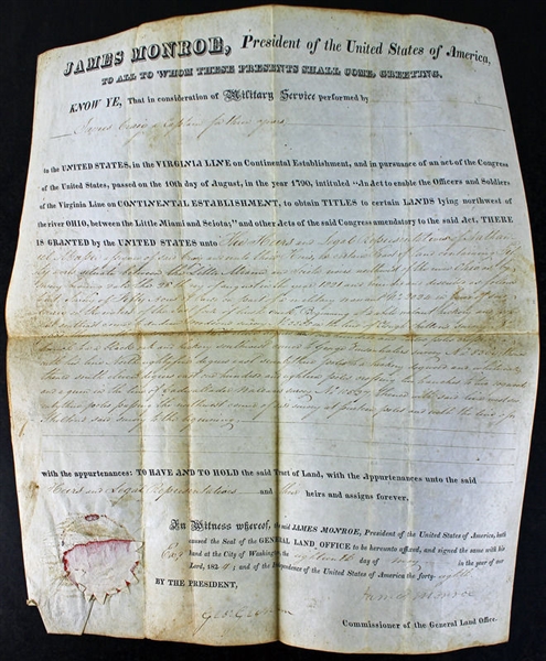 President James Monroe Signed 1824 Land Grant (PSA/DNA)