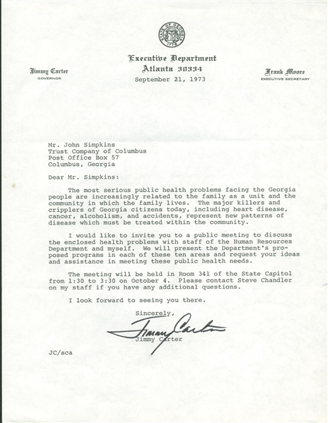 Jimmy Carter Signed 1973 Georgia Governor 8" x 10" Letter w/ Health Content! (PSA/JSA Guaranteed)