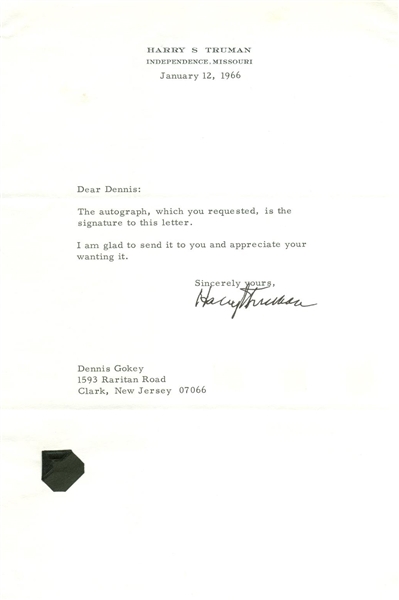 Harry Truman Signed 1966 Personal Letter (PSA/JSA Guaranteed)