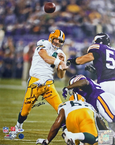 Brett Favre Signed 16" x 20" Color Photo w/5 Handwritten Career Stats (PSA/DNA)