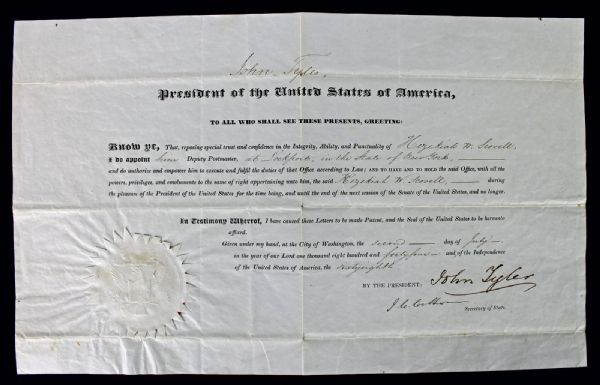 President John Tyler Signed 1844 Postmasters Appointment Document (PSA/DNA)