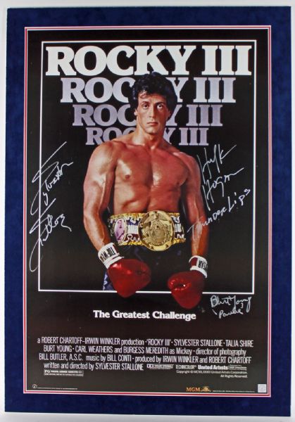 Rocky III Cast Signed & Matted 24" x 36" Movie Poster w/ Sylvester Stallone, Hulk Hogan, and Burt Young (PSA/JSA Guaranteed)