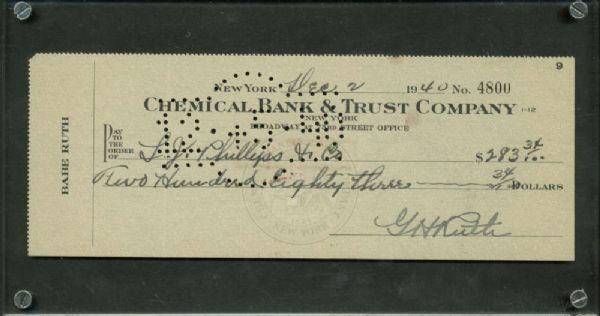 Babe Ruth Signed & Hand Written 1940 Personal Bank Check (JSA)