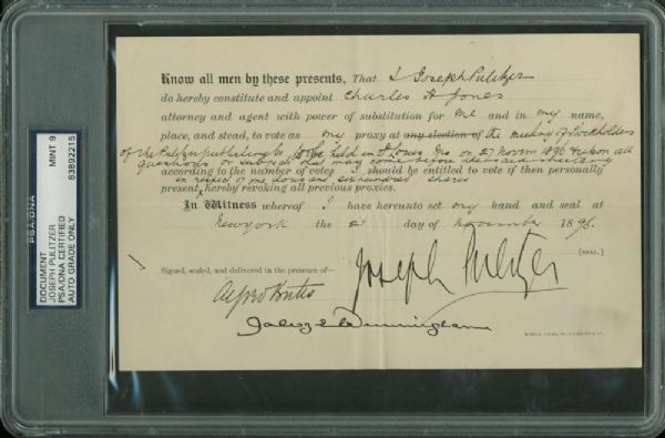 Joseph Pulitzer Rare Signed 1896 Document PSA/DNA Graded MINT 9!