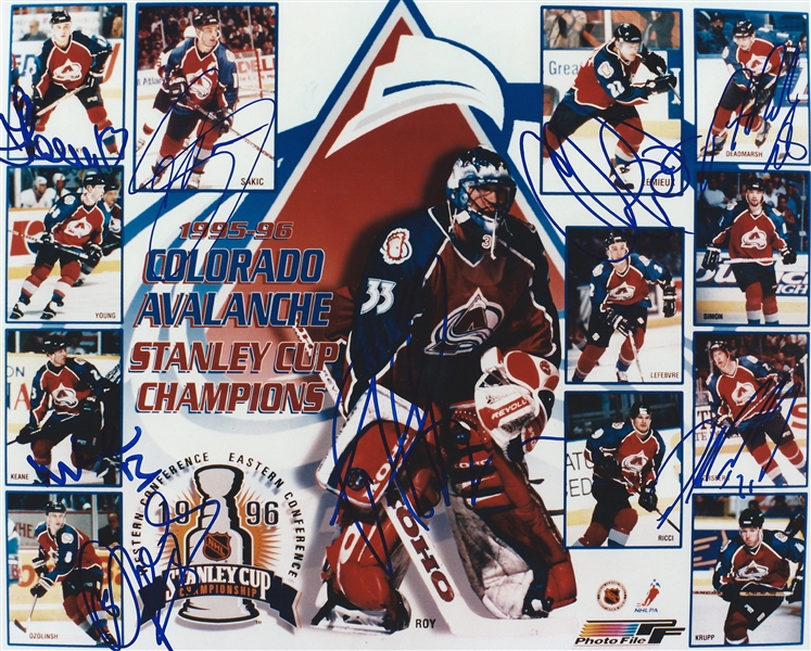 1995/6 Stanley Cup Champion Colorado Avalanche Multi-Signed 8" x 10" Photo w/ 8 Signatures (JSA)