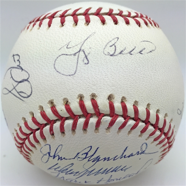 NY Yankee Greats Signed OML Baseball w/ Berra, Larsen & Others (PSA/JSA Guaranteed)