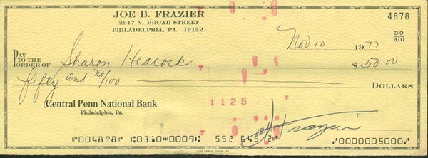 Joe Frazier Signed & Hand Written 1977 Bank Check (JSA)