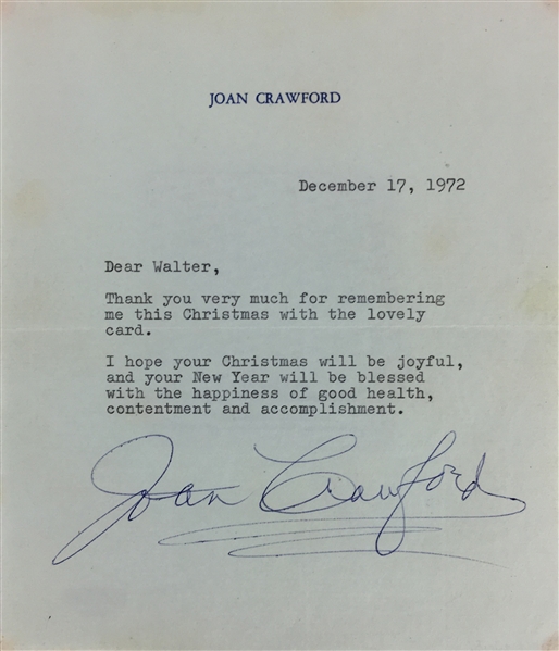 Joan Crawford Signed Personal 1972 Typed Letter (PSA/DNA)