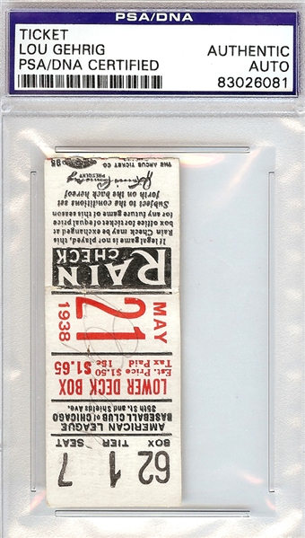 Lou Gehrig Signed Original Yankees Ticket (PSA/DNA Encapsulated)
