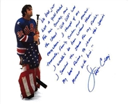 1980 U.S Mens Hockey: Jim Craig Signed 16 x 20 Color Photo w/ Incredible Inscription! (Steiner Sports)