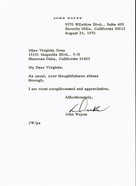 John "Duke" Wayne Typed & Hand-Signed 1976 Letter on Personal Letterhead (PSA/DNA)