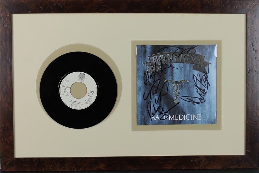Bon Jovi Group Signed & Framed "Bad Medicine" 45 Album Display w/ Rare Alec John Such Autograph! (PSA/DNA)