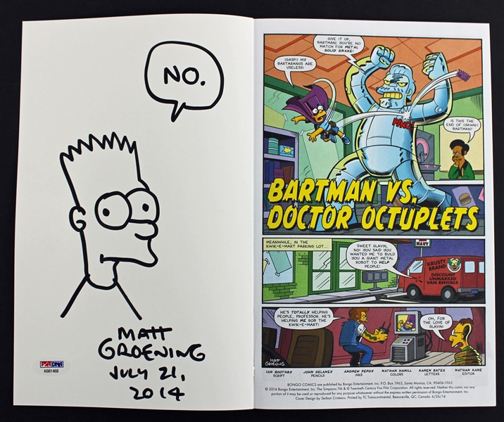 Matt Groening Signed "Bartman" Comic Book w/ Hand-Drawn Bart Sketch (PSA/DNA)