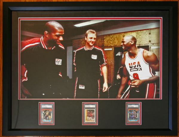 Jordan, Magic & Bird: Large & Impressive Framed Display with Jordan Signed 1986 Fleer Rookie Sticker Card (PSA/DNA Encapsulated)