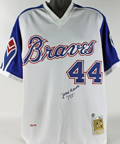 Hank Aaron Signed Mitchell & Ness 1974 Atlanta Braves Style Jersey w/ "755" Inscription (Steiner & MLB)