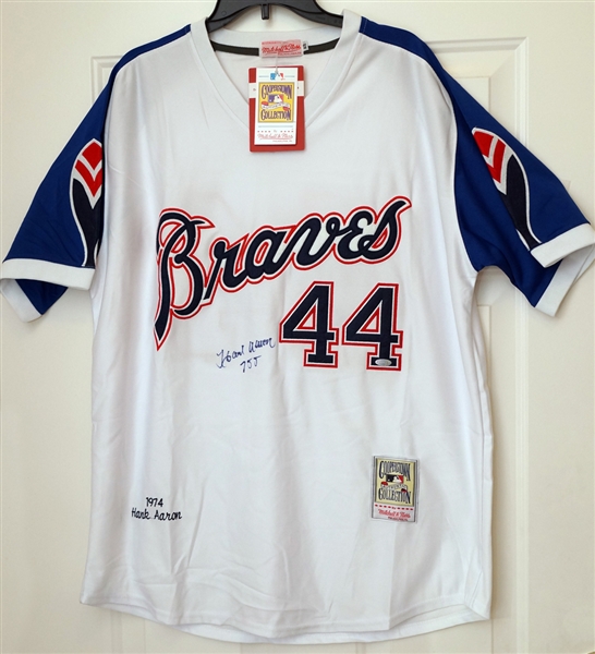 Hank Aaron Signed 1974 Atlanta Braves Style Mitchell & Ness Jersey with "755" Inscription (Steiner Hologram)