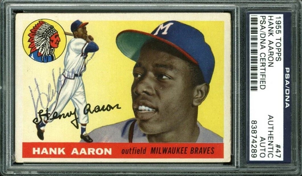 Hank Aaron Signed 1955 Topps #47 Card (PSA/DNA Encapsulated)