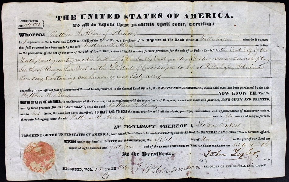 John Tyler RARE Signed 1844 Land Grant Document (PSA/DNA)