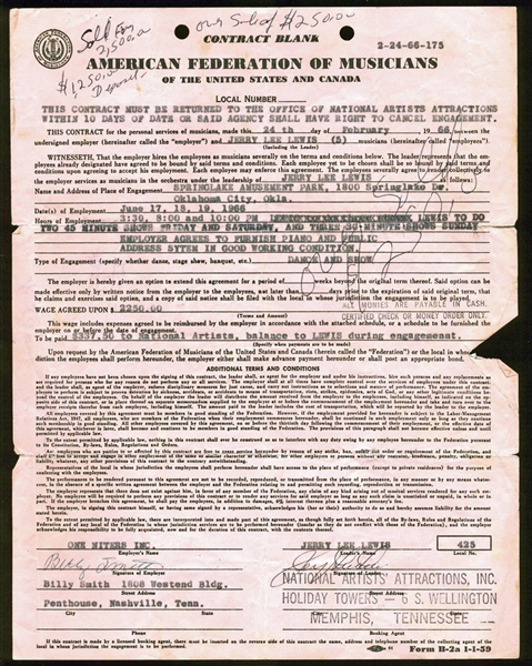 Jerry Lee Lewis Signed 1966 American Federation of Musicians Performance Contract (PSA/DNA)