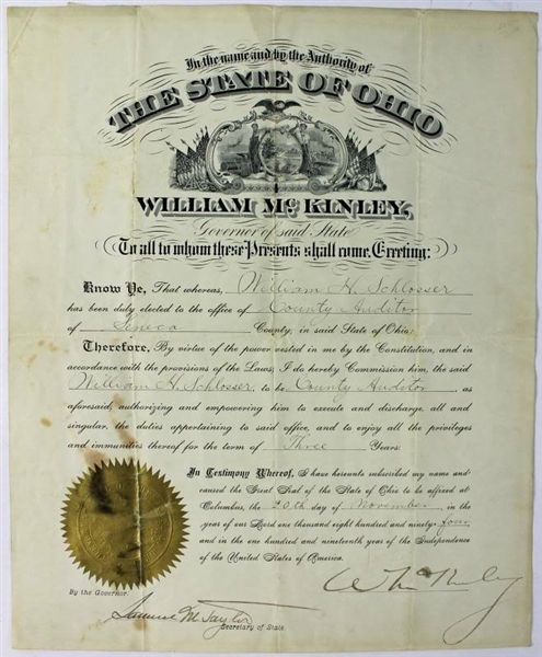 William McKinley Signed 1894 Document as Governor of Ohio (PSA/DNA)
