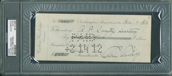 President Calvin Coolidge Handwritten & Signed 1912 Bank Check (PSA/DNA Encapsulated)