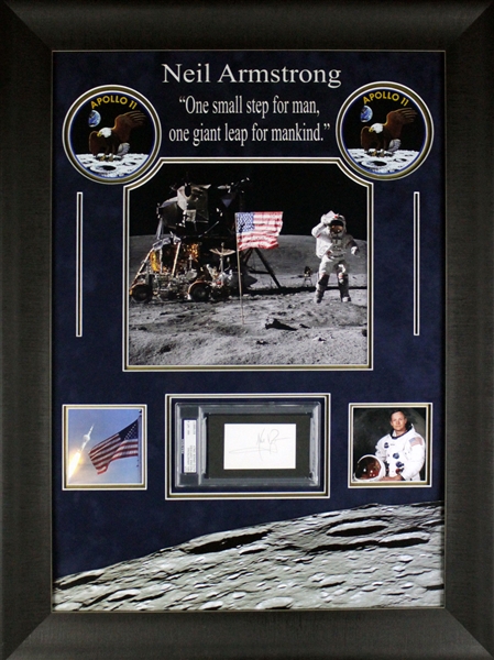 Neil Armstrong Signed 2.5" x 3.5" Cut in Custom Framed Display - PSA/DNA Graded NM-MT 8!
