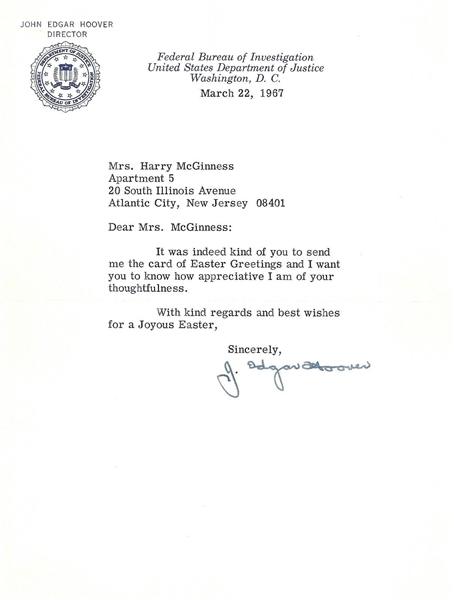 FBI J. Edgar Hoover Signed 1967 Typed FBI Letter (JSA)