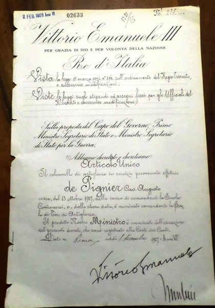 Benito Mussolini and Vittorio Emanuele III Dual Signed 1928 Document w/ Hand Written Notations! (PSA/JSA Guaranteed)