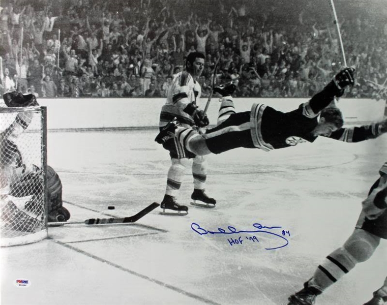 Bobby Orr Signed "HOF 79" 16" x 20" B&W Photo from 1970 Stanley Cup (PSA/DNA)