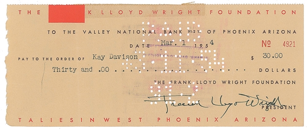 Frank Lloyd Wright Near-Mint Signed 1954 Bank Check (PSA/JSA Guaranteed)