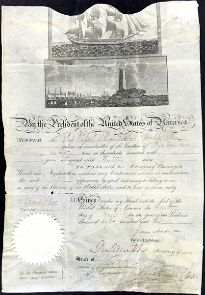 President James Madison Signed 1810 Ships Pass Document (PSA/JSA Guaranteed)